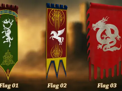 25 Epic Medieval Flags Vol 1 Game Ready and  Archviz Assets Low-poly 3D model