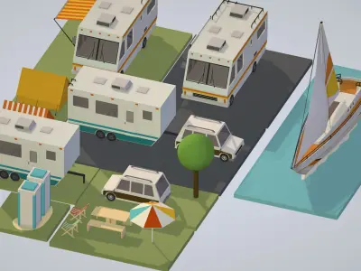 isometric transport holiday BBQ camping Low-poly 3D model
