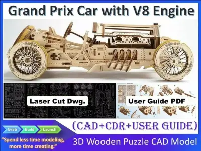 3D Wooden Puzzle Model Grand Prix Car with V8 Engine 3D model