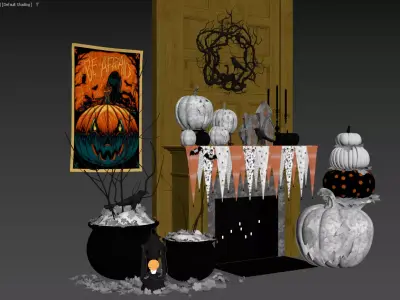 Halloween Fireplace Decor Scene Pumpkins Spooky Elements 3D model
