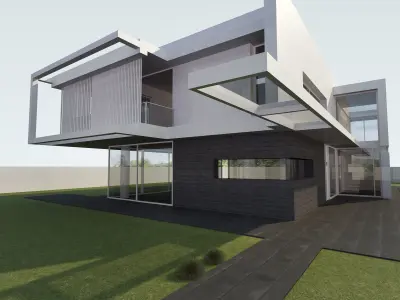 Exterior scene modern single house design in contemporary style Low-poly 3D model