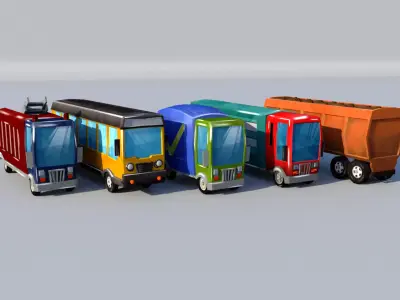 Bus Pack Low Poly Toon Style Bus Pack 3D Model Collection Low-poly 3D model
