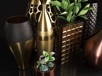 Decorative set gold vase with flower in it 3D model