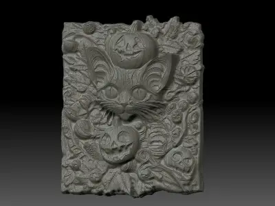 hallowen cat and pumpkin baserelife 3dmodel   3D print model