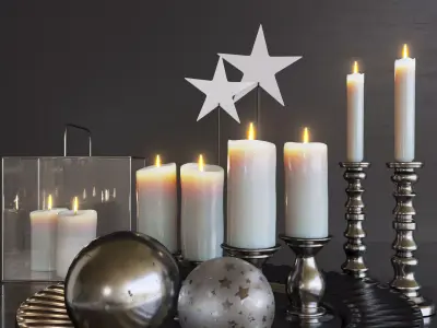 Set-145 candles and silver ornaments on tray 3D model