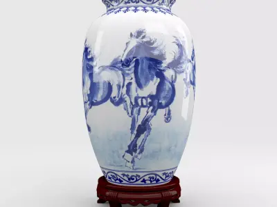 Chinese Blue and White Porcelain Vase with wood stand - Horses Low-poly 3D model