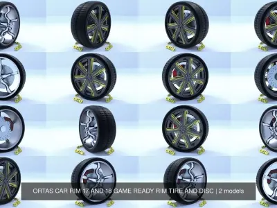 ORTAS CAR RIM 17 AND 18 GAME READY RIM TIRE AND DISC 3D Model Pack