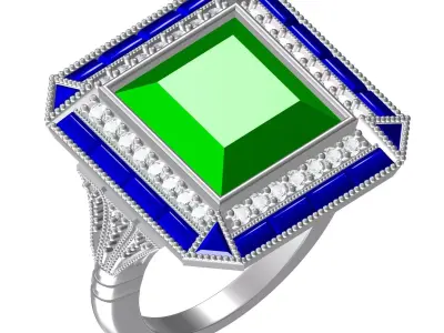 Fancy Green Princess and Blue Baguette Diamond Art Deco Ring 3D print model