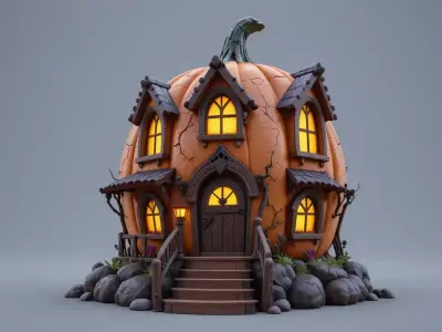 Halloween Pumpkin House 3D Model Spooky Cottage Game Ready 3D model