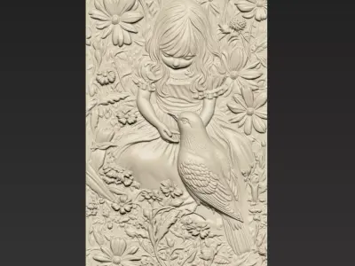 A Little Girl Feeding Pigeon A1 3D print model