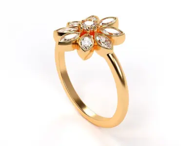 gold flower ring with marcuise diamonds  3D print model
