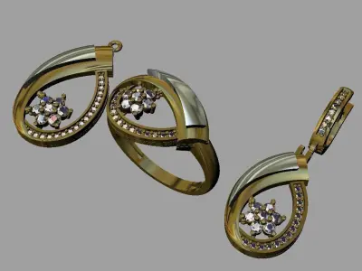 gold set ring and earrings with diamonds 3D print model