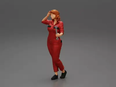 Tired woman mechanic holding a spanner 3D print model