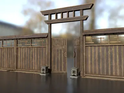 Japanese wooden modular fence  Low-poly 3D model