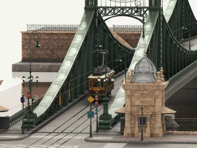Vintage Steel Arch Bridge with Tram Tracks Low-poly 3D model
