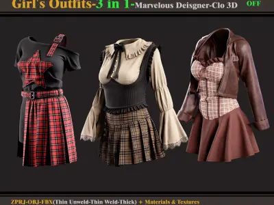 3 in 1 Girls Outfits- MD-Clo3d -OBJ - FBX -Materials-Textures 3D model