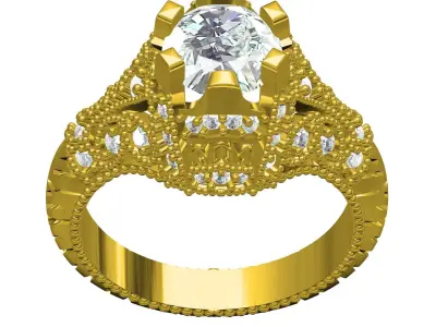 6 Prong Round Diamond Art Deco Ring 3D print model