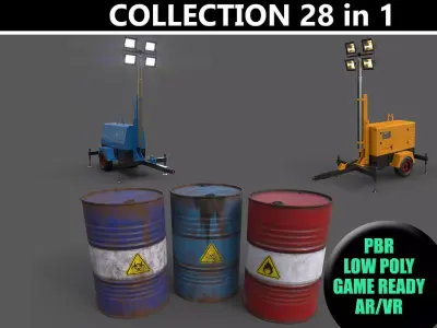 PBR Mobile Light Tower Generator and Oil Drum 3D Model Pack