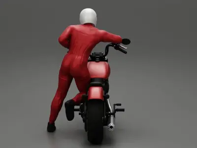Motorbiker standing pushing his motorbike 3D print model