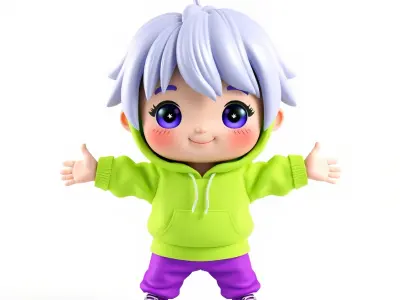 Chibi Character with Purple Hair and Outfit  Rigged and Animated Low-poly 3D model
