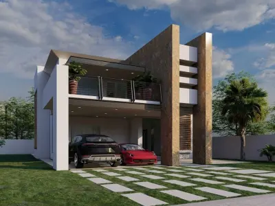 House modern with car parked 3D model