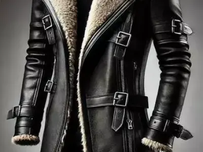 Luxury Black Leather Coat Shearling Collar Buckles LowPoly Low-poly 3D model