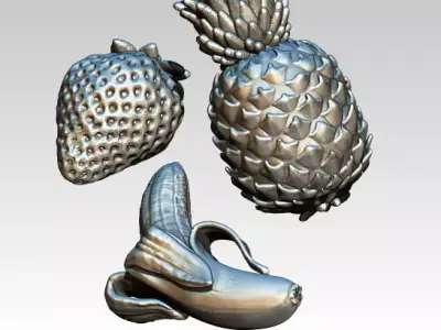 Fruit set Banana Pineapple Strawbery Lot of 3 highpoly models 3D print model