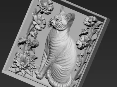 Cat and Flowers A34 3D print model