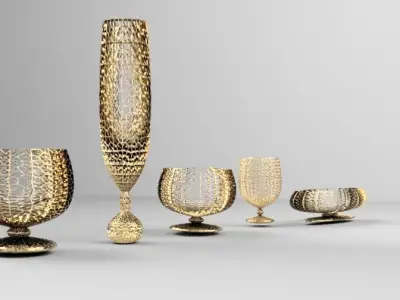 Wicker bowl set vase and plate 3D model