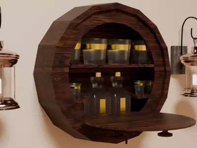 Vintage Keg Shaped Wall Bar with Glassware 3D model