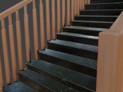 Black Marble Staircase with Wooden Handrails 3D model