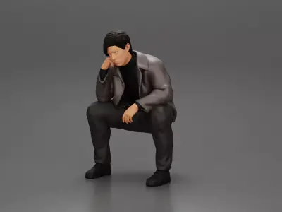 Worried man in a leather jacket sitting and thinking 3D print model