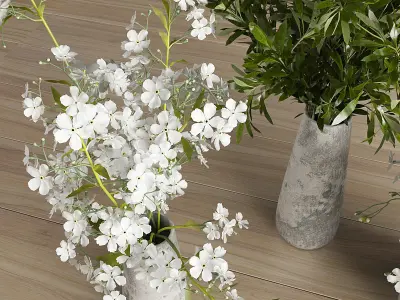 Plants Set three concrete vases with flowers 3D model