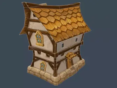 Cartoon Old Wooden Hotel Tovern House Building Low-poly 3D model