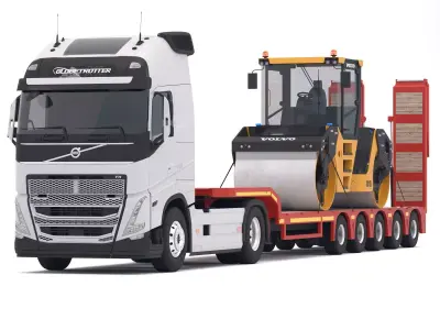 Volvo fh16 and Lowboy Trailer with DD105 Road Roller Compactor 3D model