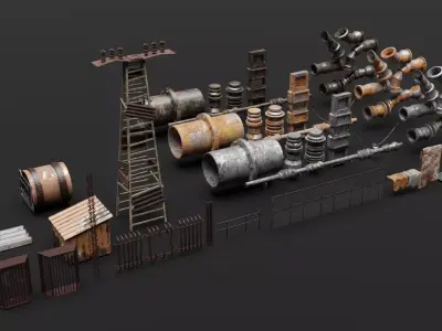 Dystopic style city props Low-poly 3D model