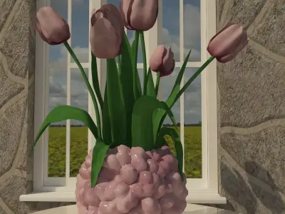 Purple tulips bouquet in a vase 3D model