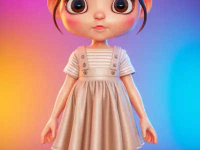 Cute Cartoon Girl 3D Sweet Character Pigtails Striped Dress Low-poly 3D model