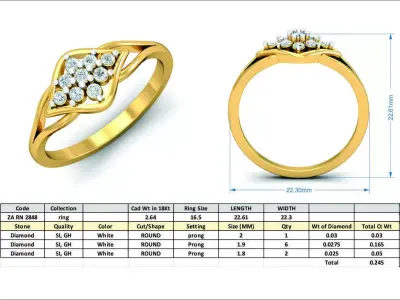 Elegant Gold Diamond Cluster Ring 3D print model