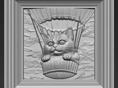 Kitten riding a hot air balloon A45 3D print model