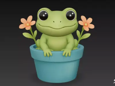 Frog in Flower Pot Low-poly 3D model