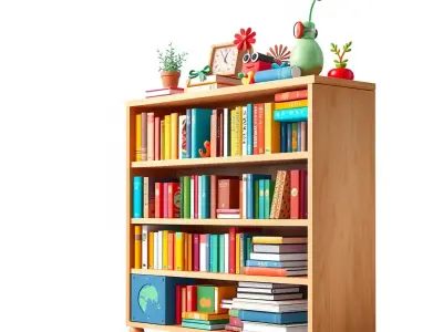 Colorful Wooden Bookshelf Model Pack with Accessories Low-poly 3D model