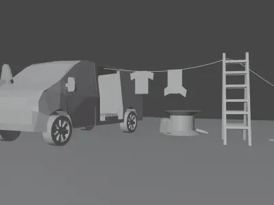 Low poly van with clothes and ladder 3D model