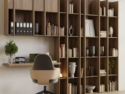 Workplace wooden Shelves Decorative With Plants and Book 19 Low-poly 3D model