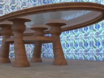 Table wooden with floral pattern on wall 3D model