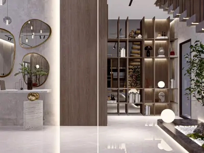 Modern sketchup  interior living room with kitchen  3D model