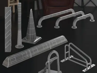 Parking set of traffic cones and barriers 3D model