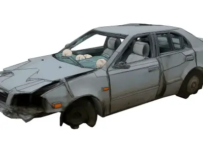 Wrecked plain car among ruins Low-poly 3D model