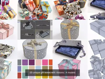 25 unique gift boxes with ribbons 3D Model Collection