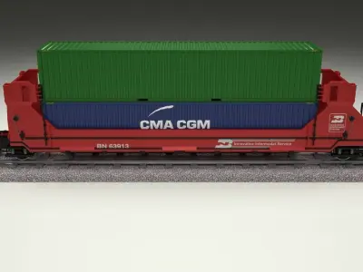 Red Train Well Car w Containers 3D model